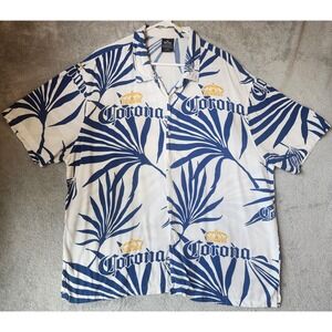Corona Extra Beer Shirt Mens XL Blue White Palm Leaf Hawaiian Button Down